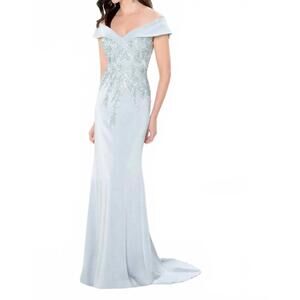 NEW MON CHERI off the shoulder crepe fit and flare gown in ice gray